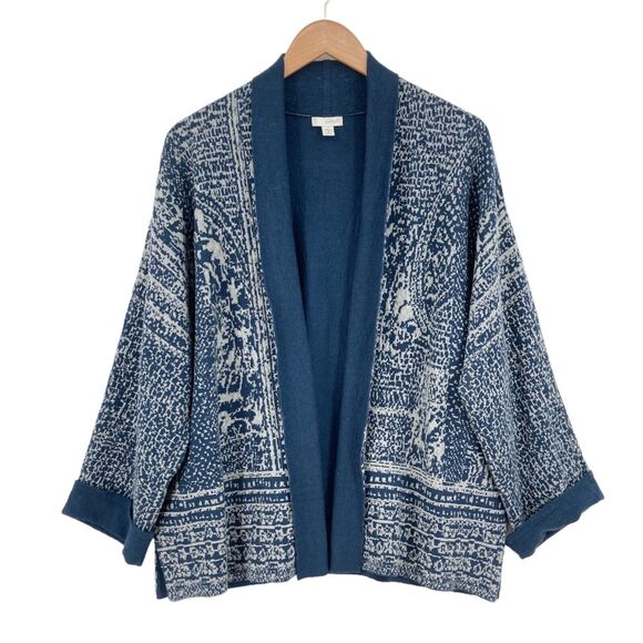 Pure Jill Cardigan Sweater Womens Medium Blue White Geo Print Cotton Open Front - Picture 13 of 16